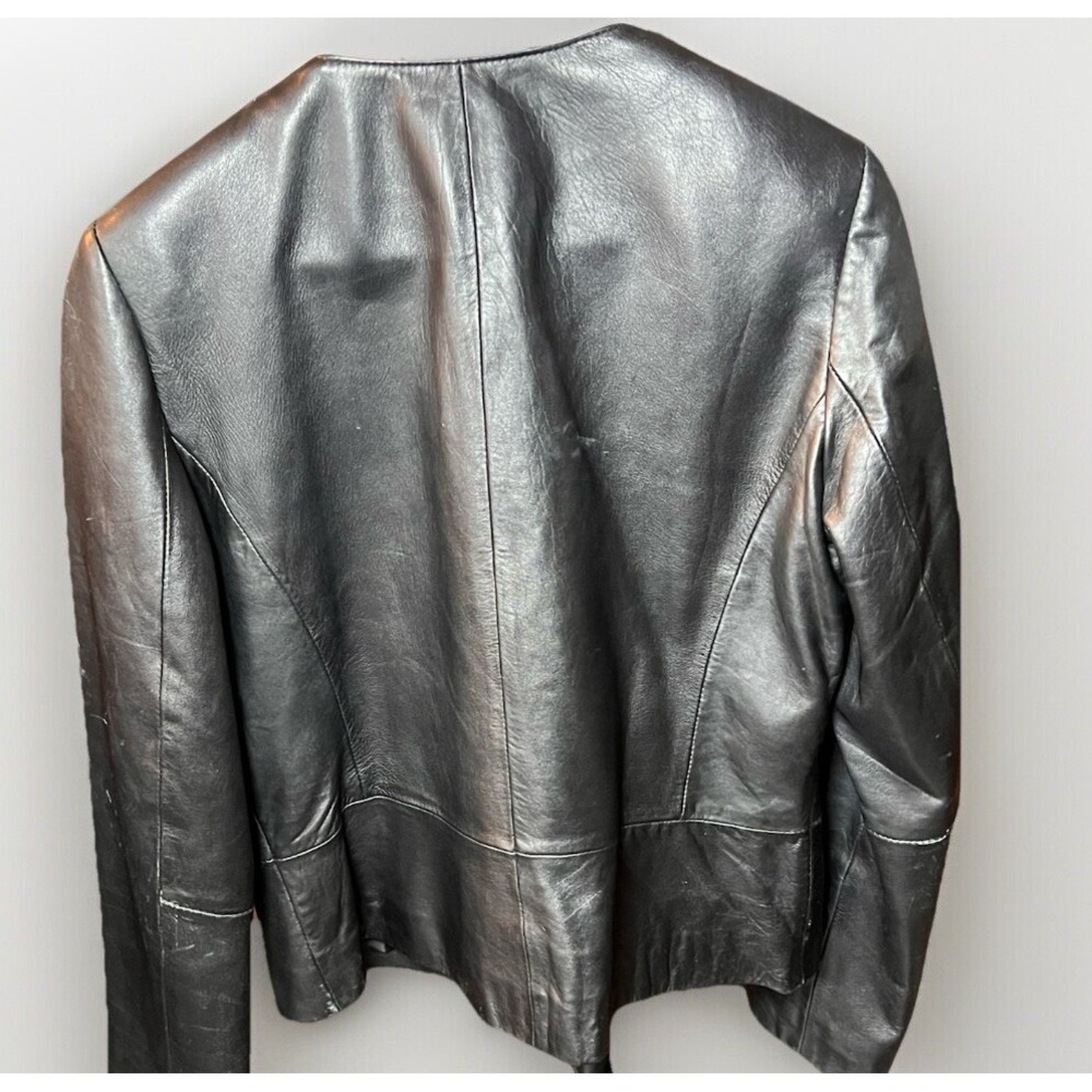 Yvonne Marie Black Leather Jacket Womens Size 6 Collarless Open‎ Front Cropped - Picture 3 of 3